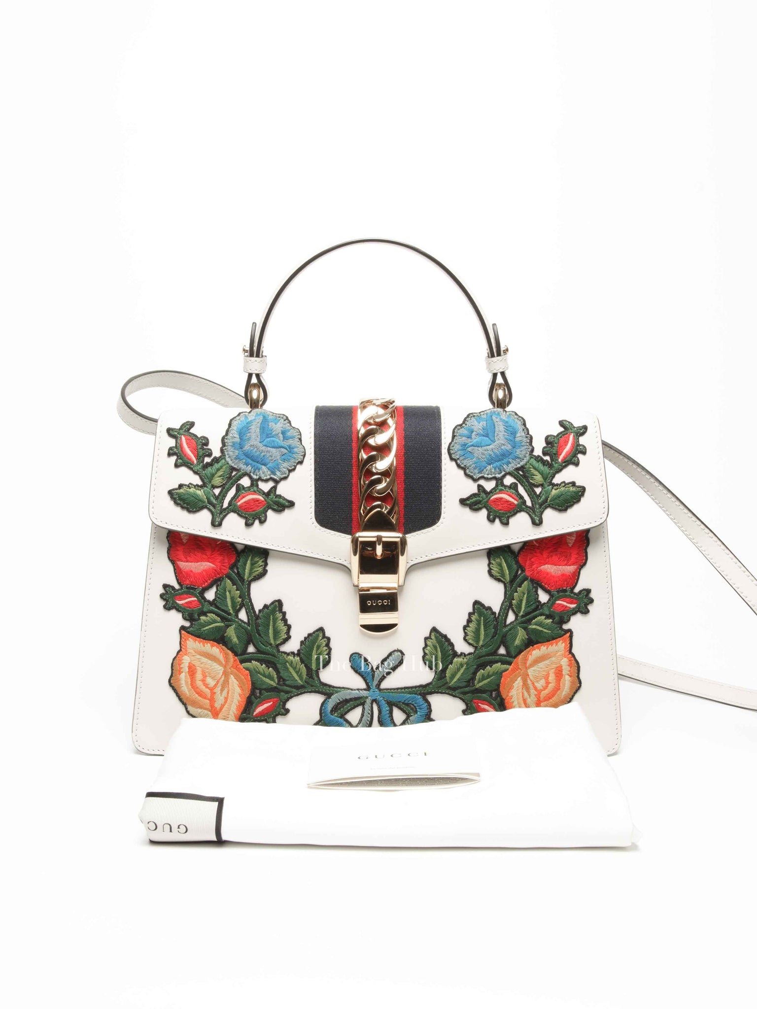Gucci White Leather Floral Embroidered Medium Sylvie Top Handle Shoulder Bag