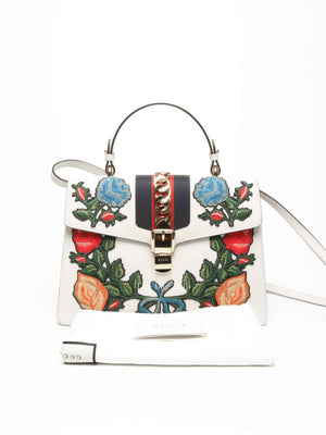 Gucci White Leather Floral Embroidered Medium Sylvie Top Handle Shoulder Bag