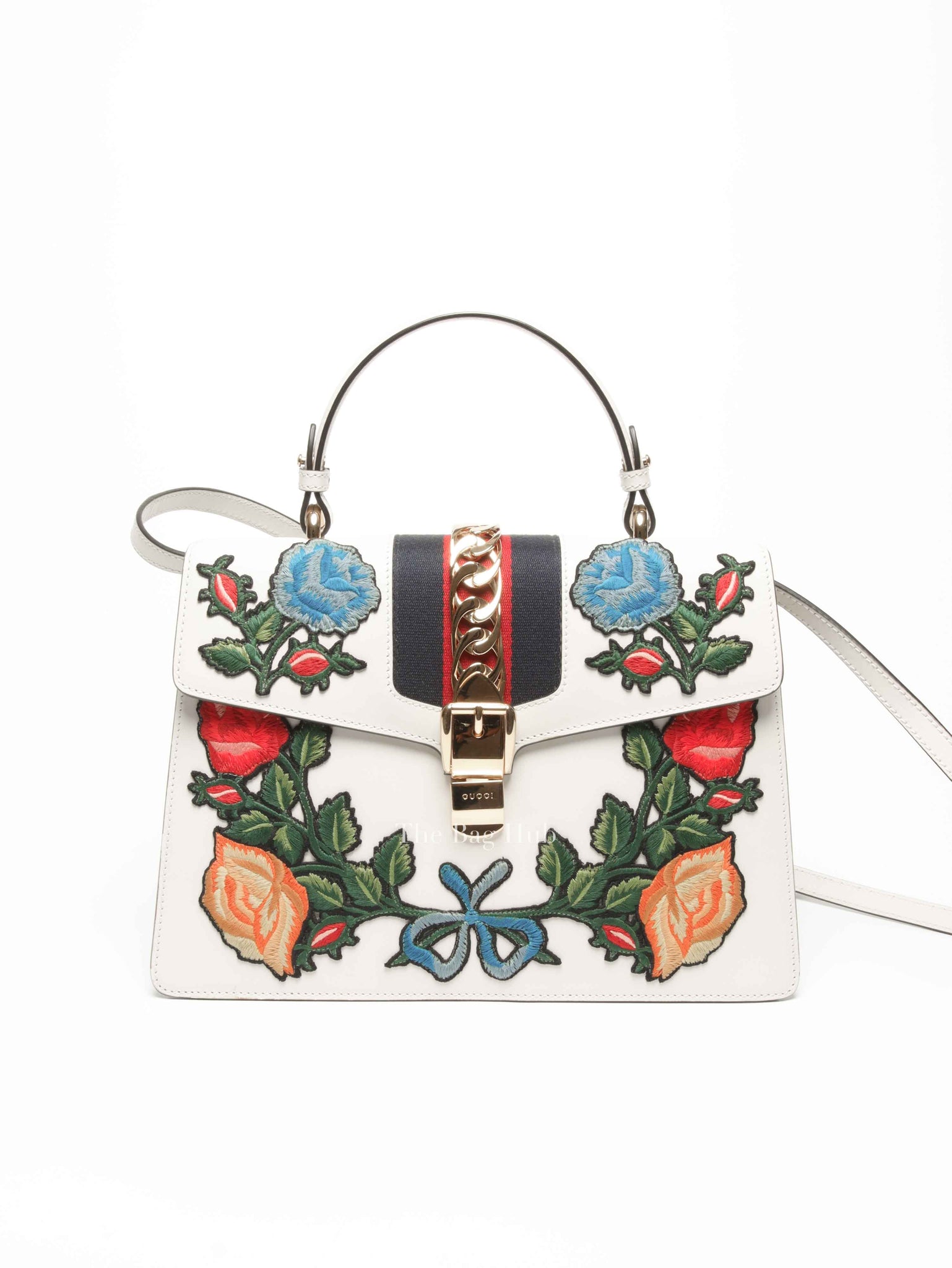 Gucci White Leather Floral Embroidered Medium Sylvie Top Handle Shoulder Bag