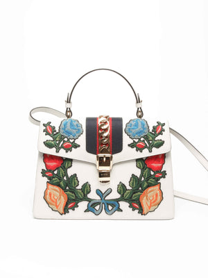 Gucci White Leather Floral Embroidered Medium Sylvie Top Handle Shoulder Bag