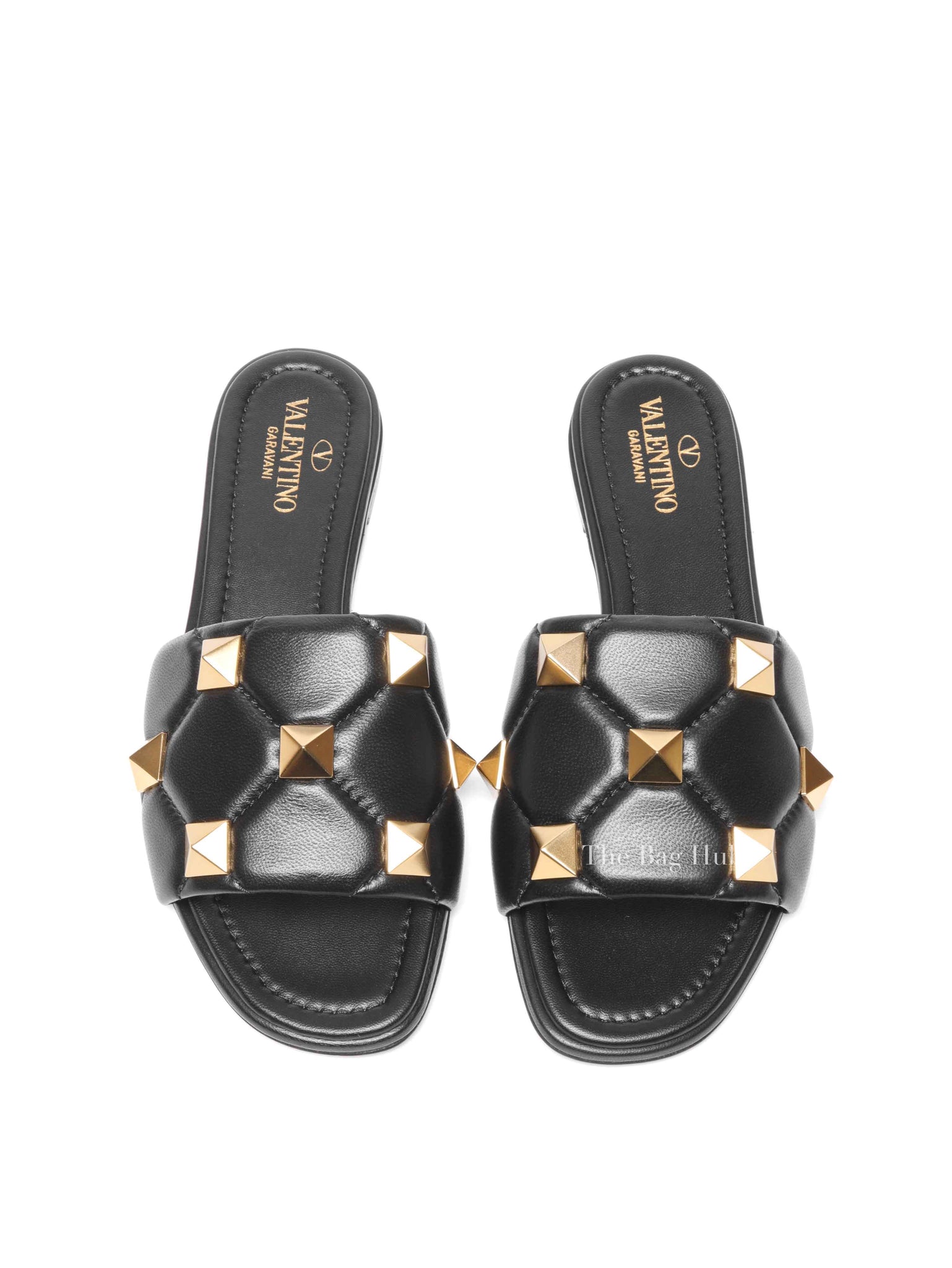 Valentino Garavani Black Leather Roman Stud Slides Size 37