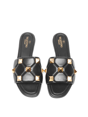 Valentino Garavani Black Leather Roman Stud Slides Size 37