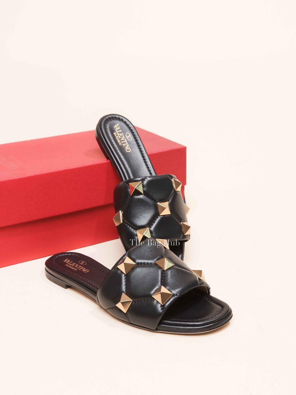 Valentino Garavani Black Leather Roman Stud Slides Size 37