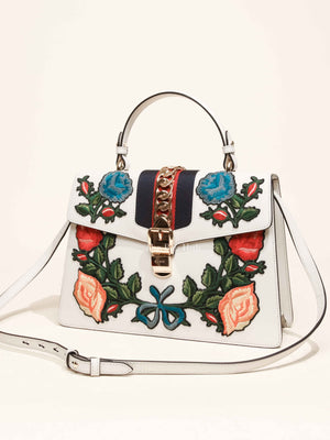 Gucci White Leather Floral Embroidered Medium Sylvie Top Handle Shoulder Bag