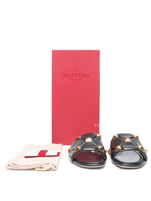Valentino Garavani Black Leather Roman Stud Slides Size 37