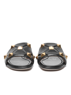 Valentino Garavani Black Leather Roman Stud Slides Size 37