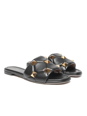 Valentino Garavani Black Leather Roman Stud Slides Size 37