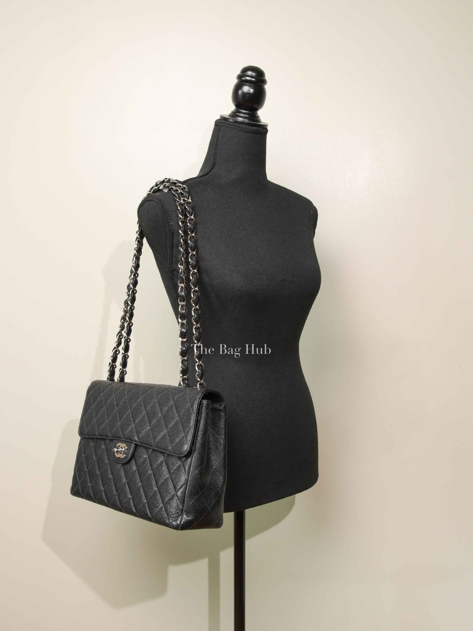 Chanel Black Caviar Quilted Leather Single Flap Large Bag SHW
