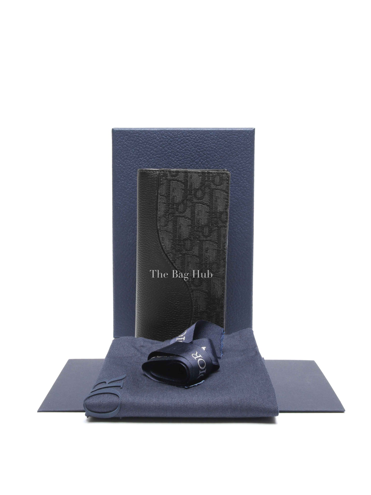 Dior Black Grained Calfskin Marquetry and Black Dior Oblique Jacquard Saddle Long Vertical Wallet