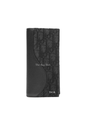 Dior Black Grained Calfskin Marquetry and Black Dior Oblique Jacquard Saddle Long Vertical Wallet
