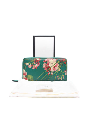 Gucci Green Calfskin Blooms Print Zip Around Long Wallet