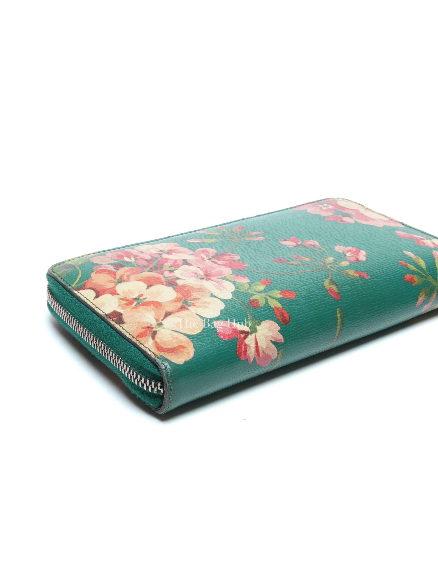 Gucci Green Calfskin Blooms Print Zip Around Long Wallet
