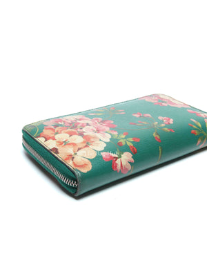 Gucci Green Calfskin Blooms Print Zip Around Long Wallet