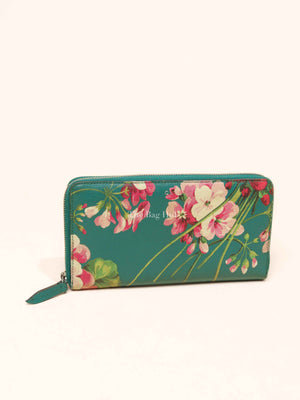 Gucci Green Calfskin Blooms Print Zip Around Long Wallet