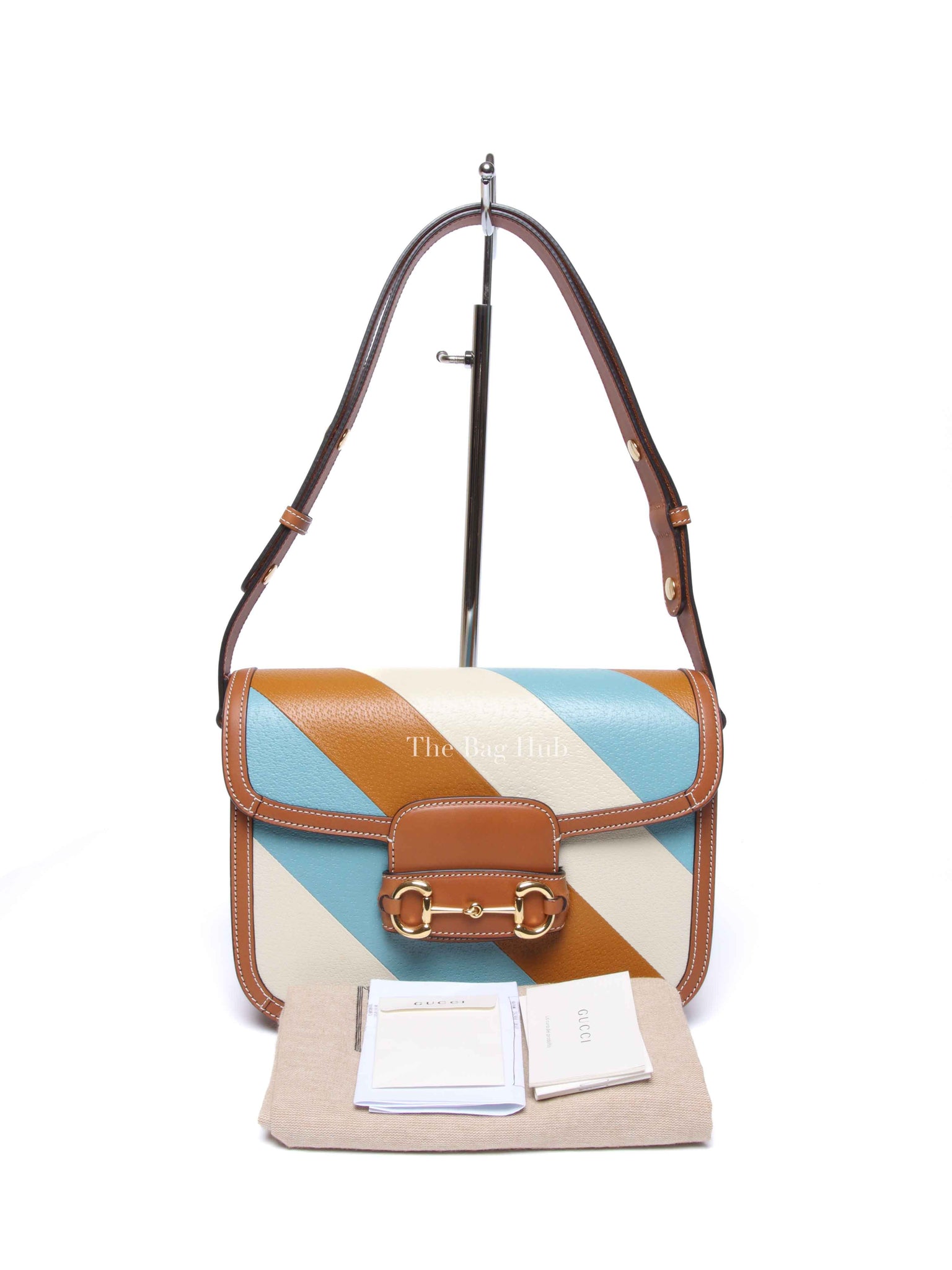 Gucci X Dans Le Vert Brown Dusty Azure Harness Brown Mystic White Textured Dollar Calfskin Horsebit 1955 Medium Shoulder Bag