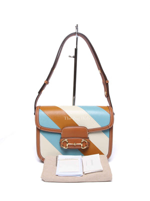 Gucci X Dans Le Vert Brown Dusty Azure Harness Brown Mystic White Textured Dollar Calfskin Horsebit 1955 Medium Shoulder Bag
