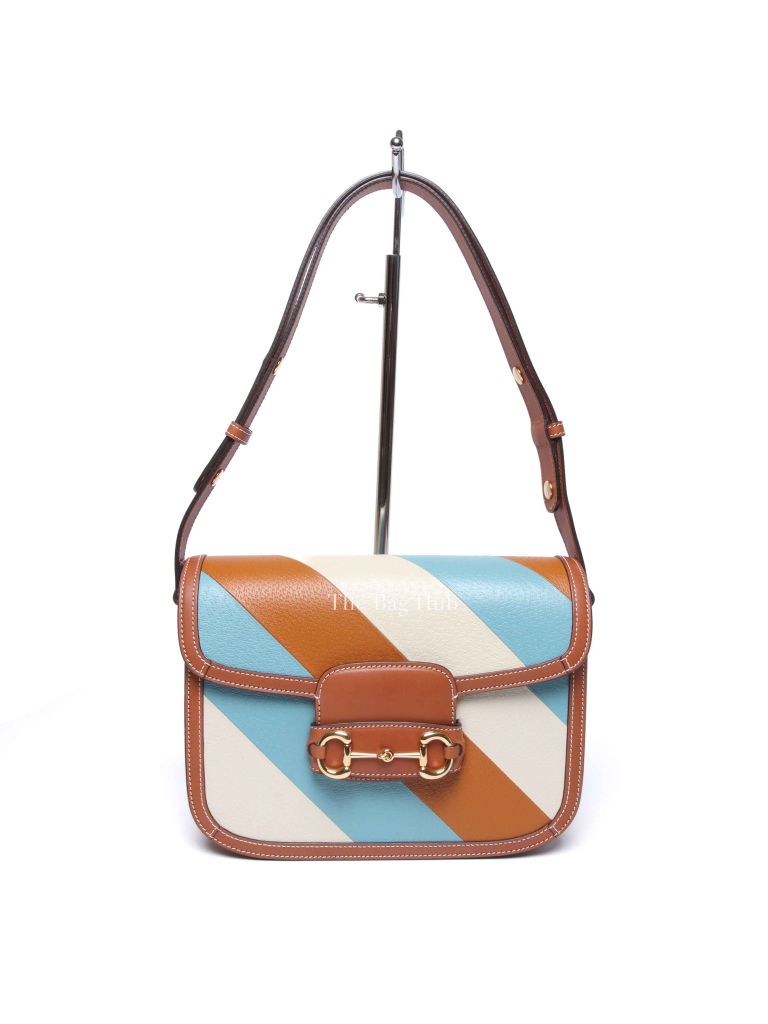 Gucci X Dans Le Vert Brown Dusty Azure Harness Brown Mystic White Textured Dollar Calfskin Horsebit 1955 Medium Shoulder Bag