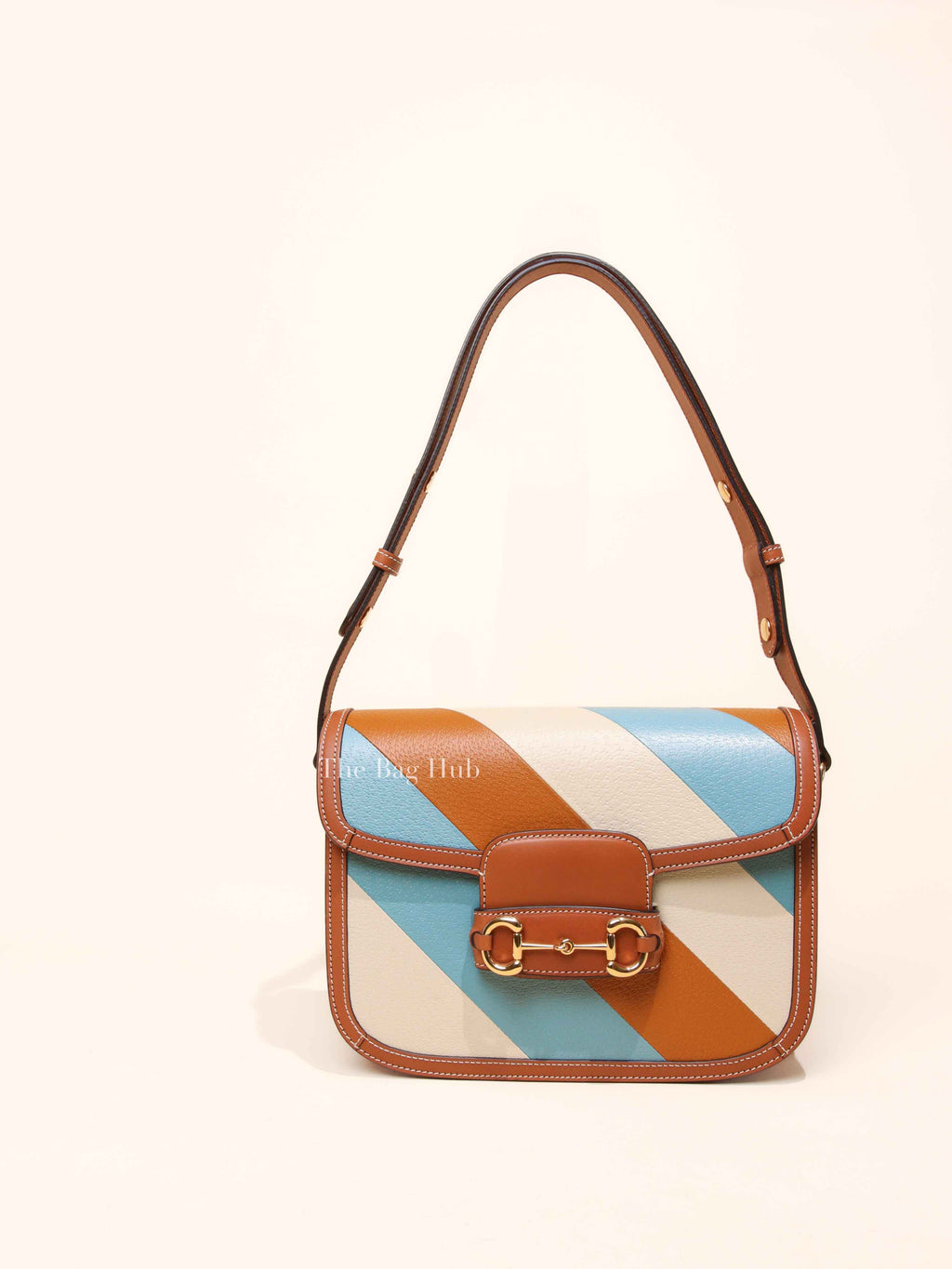 Gucci X Dans Le Vert Brown Dusty Azure Harness Brown Mystic White Textured Dollar Calfskin Horsebit 1955 Medium Shoulder Bag