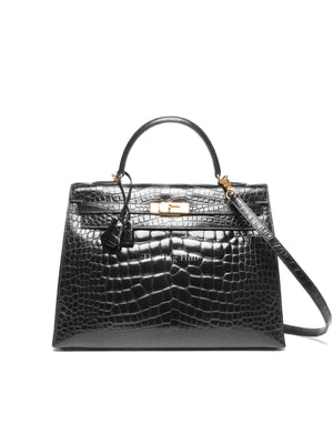 Hermes Black Shiny Alligator Kelly 35 Bag GHW
