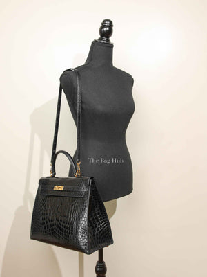Hermes Black Shiny Alligator Kelly 35 Bag GHW