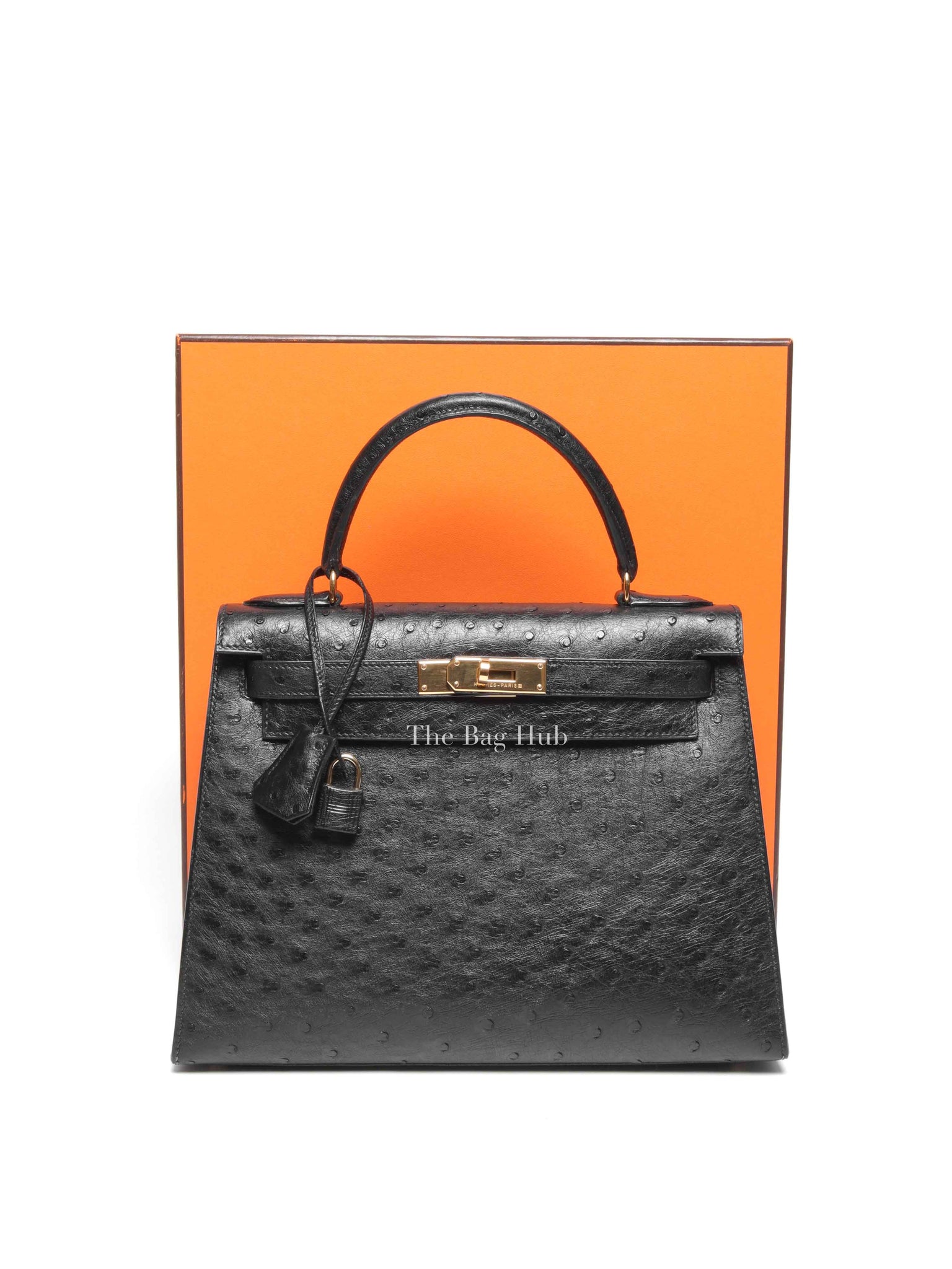 Hermes Black Ostrich Kelly Sellier 28 Bag GHW (No Strap)