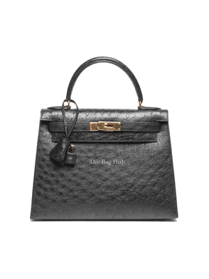 Hermes Black Ostrich Kelly Sellier 28 Bag GHW (No Strap)