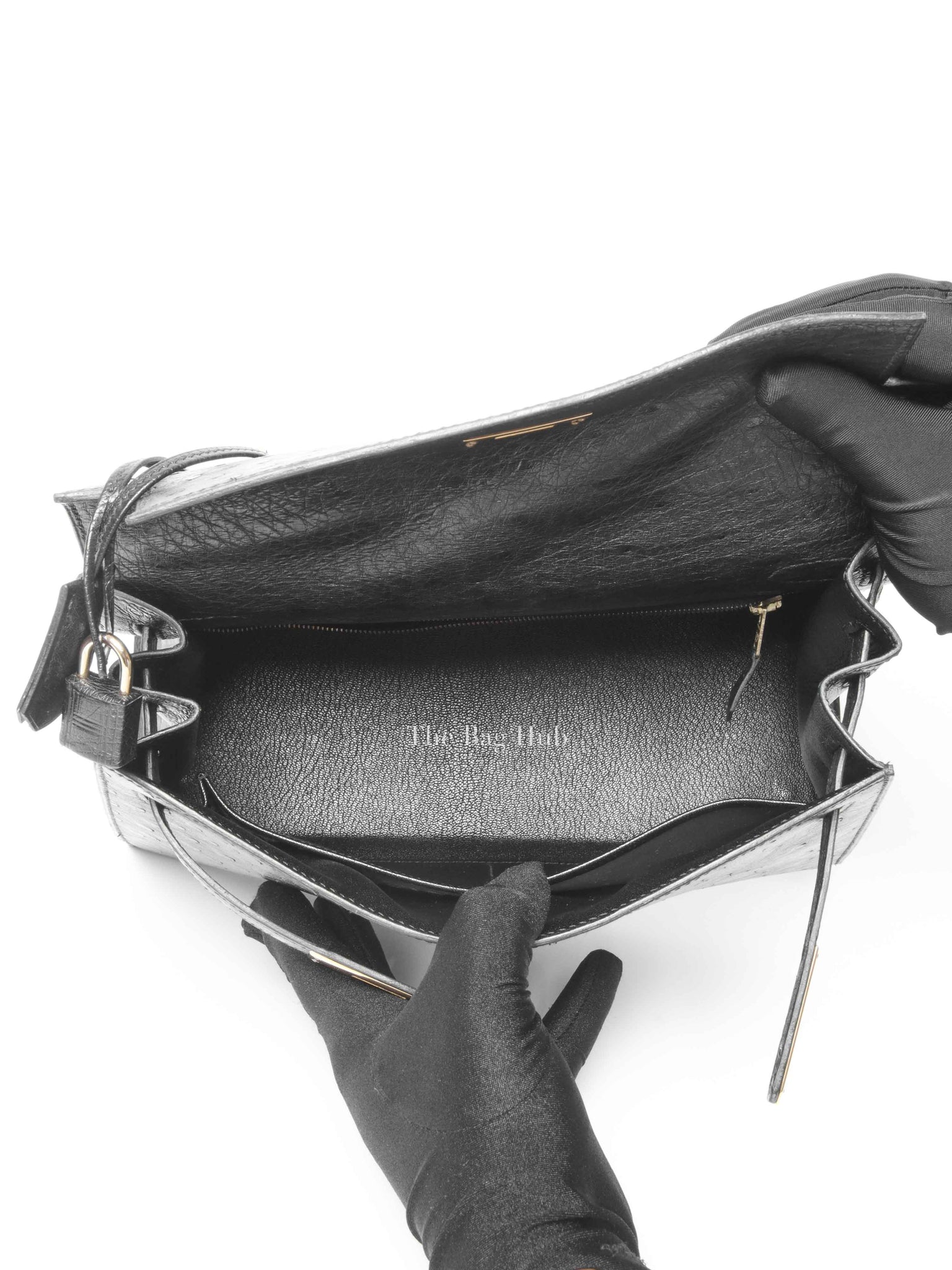 Hermes Black Ostrich Kelly Sellier 28 Bag GHW (No Strap)