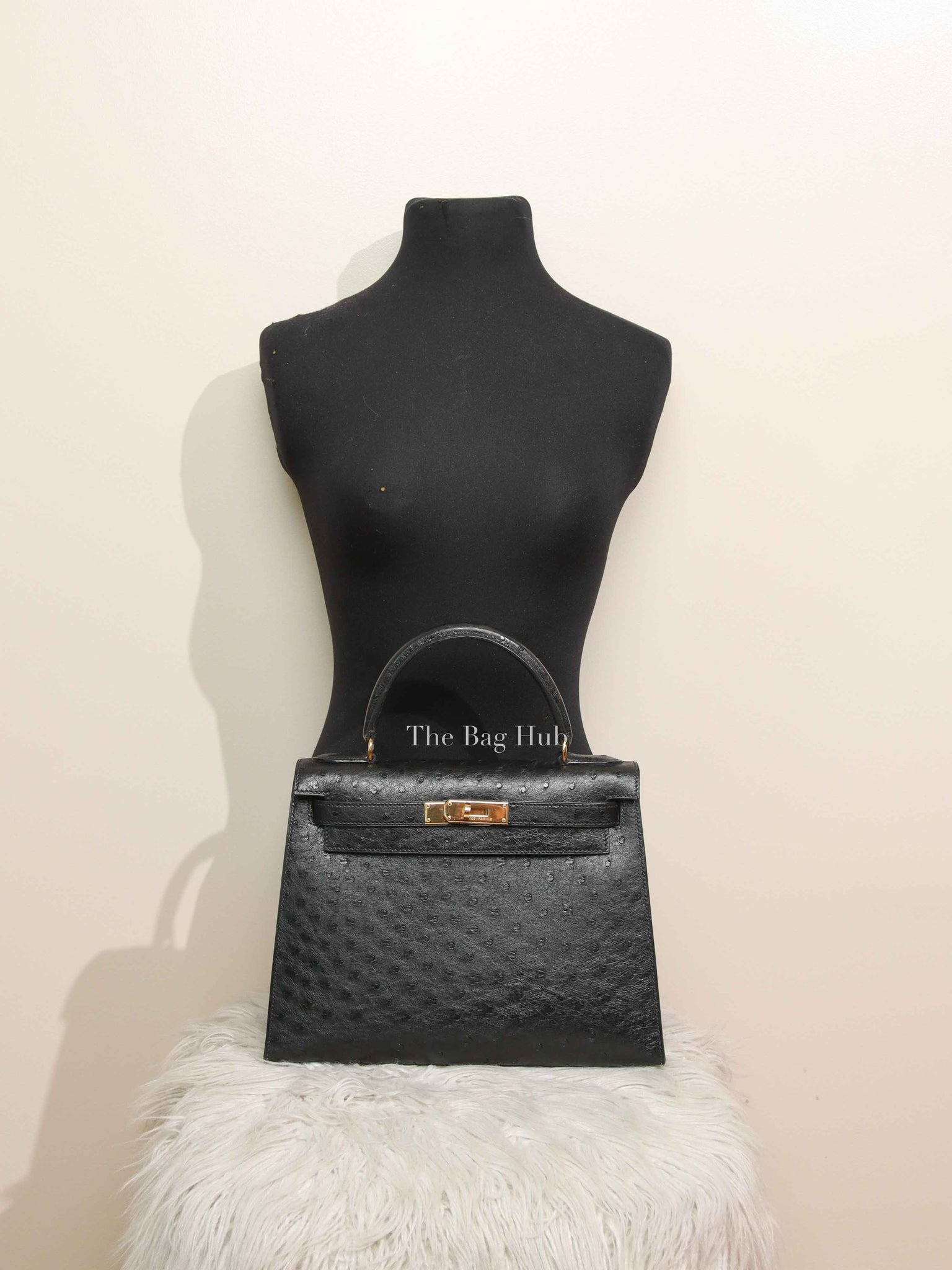 Hermes Black Ostrich Kelly Sellier 28 Bag GHW (No Strap)