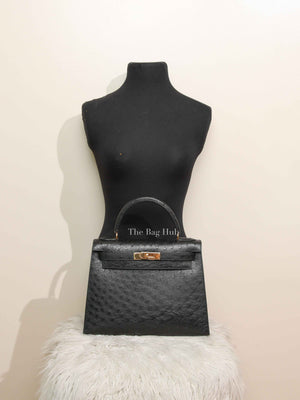 Hermes Black Ostrich Kelly Sellier 28 Bag GHW (No Strap)