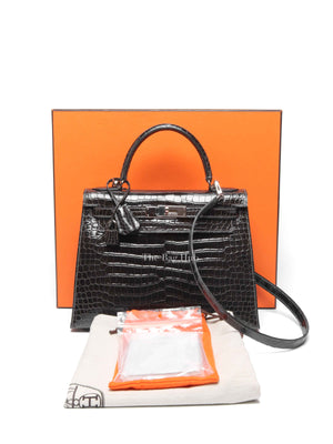 Hermes Black Shiny Porosus Crocodile Kelly 28 Bag PHW