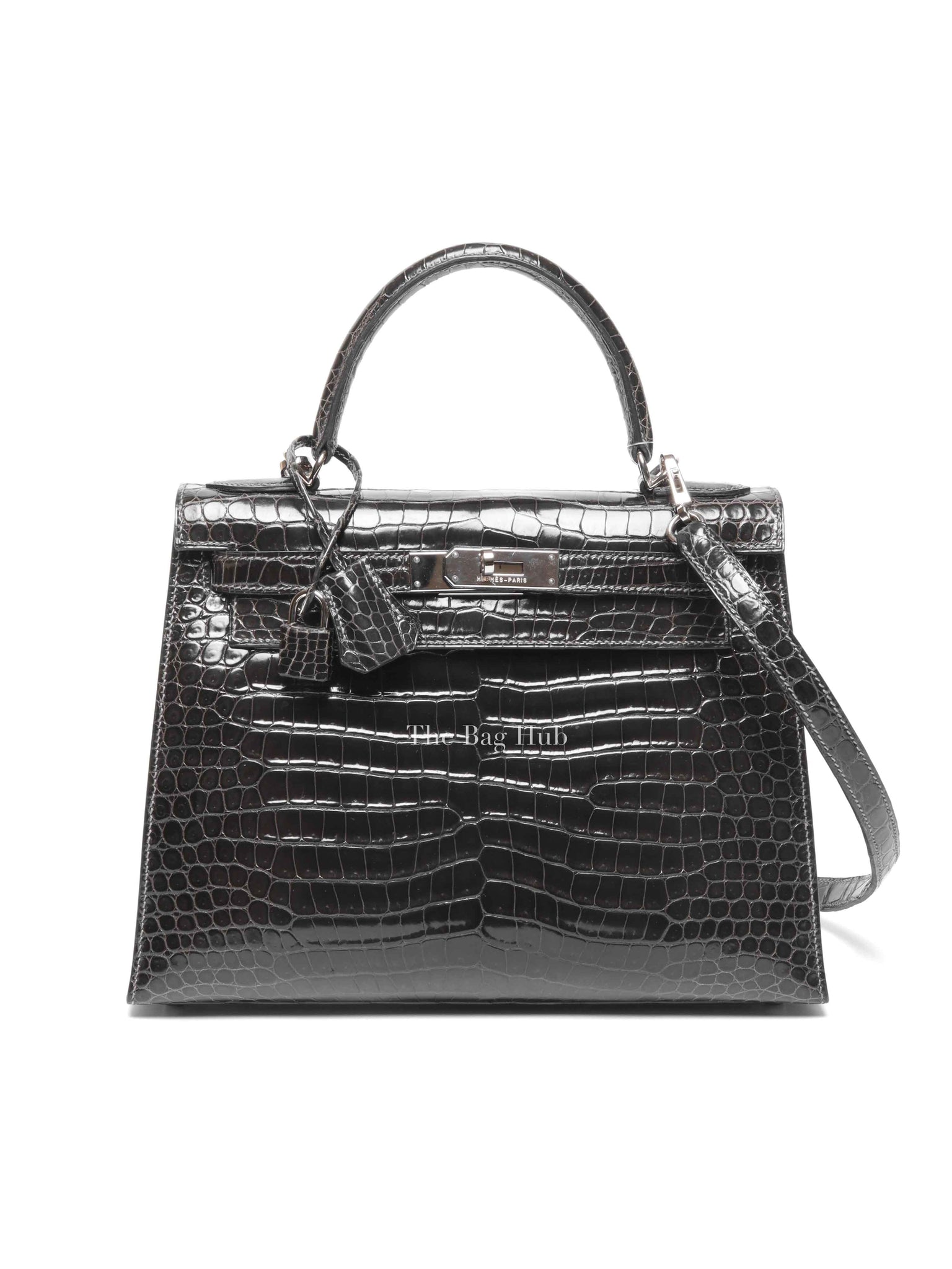 Hermes Black Shiny Porosus Crocodile Kelly 28 Bag PHW