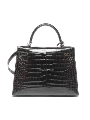 Hermes Black Shiny Porosus Crocodile Kelly 28 Bag PHW