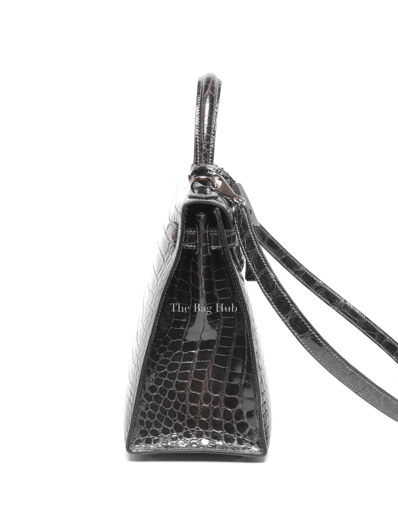 Hermes Black Shiny Porosus Crocodile Kelly 28 Bag PHW