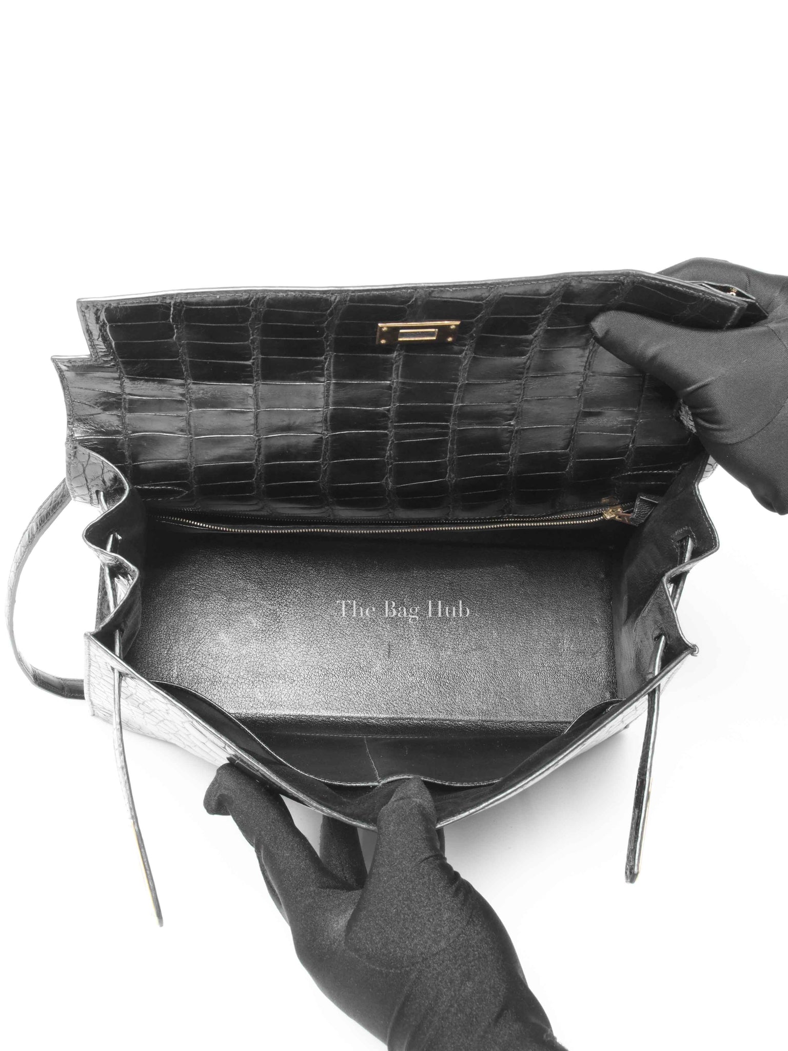 Hermes Black Shiny Porosus Crocodile Kelly 28 Bag PHW