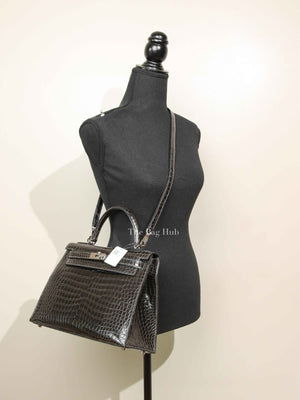 Hermes Black Shiny Porosus Crocodile Kelly 28 Bag PHW