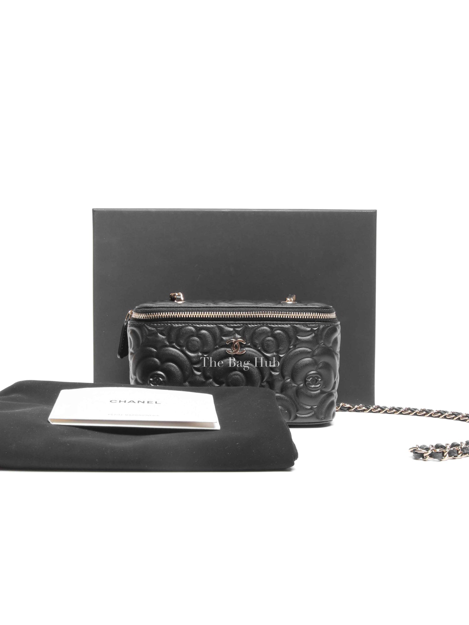 Chanel Black Lambskin Camelia Embossed Small Vanity Bag