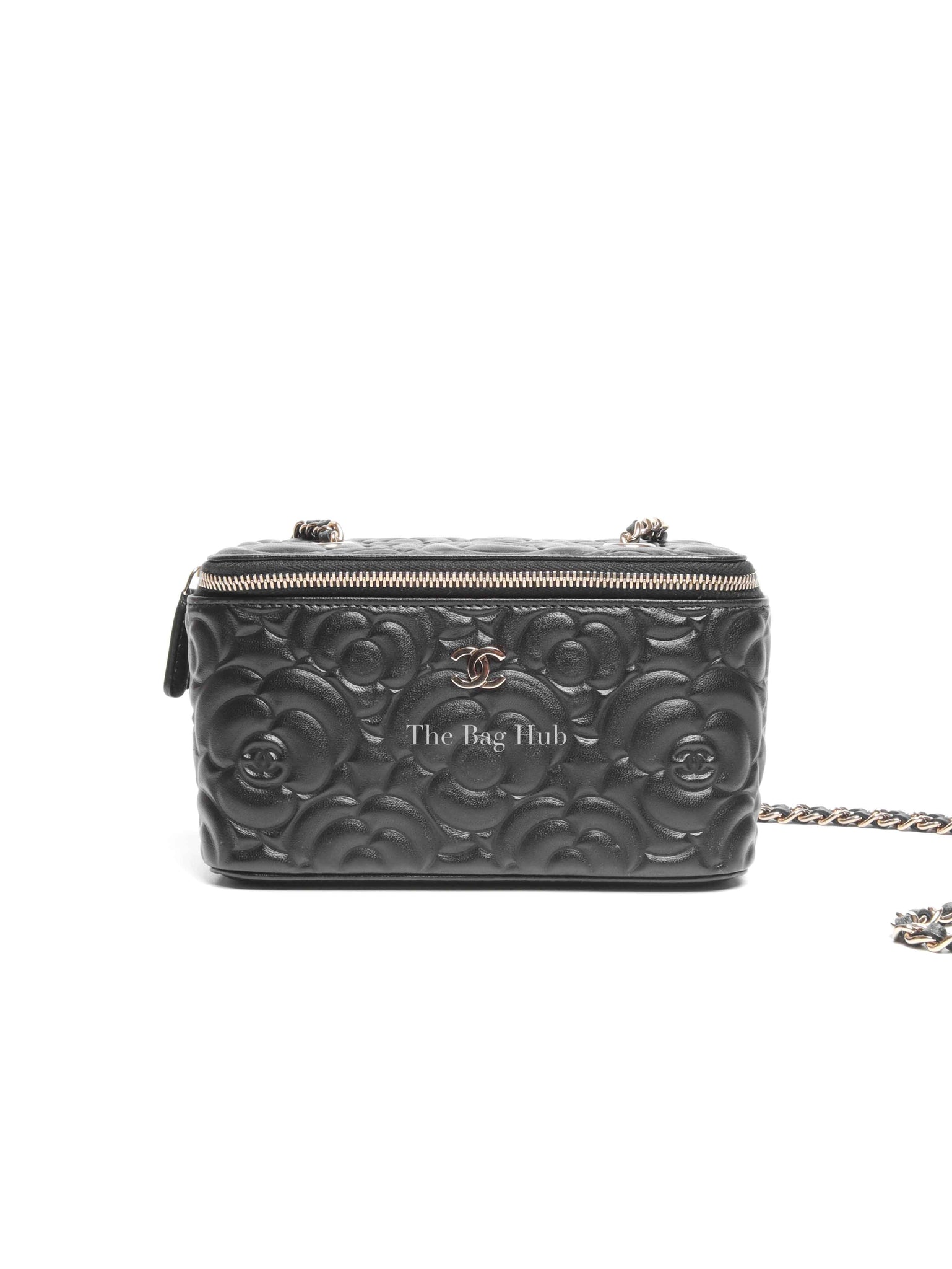 Chanel Black Lambskin Camelia Embossed Small Vanity Bag