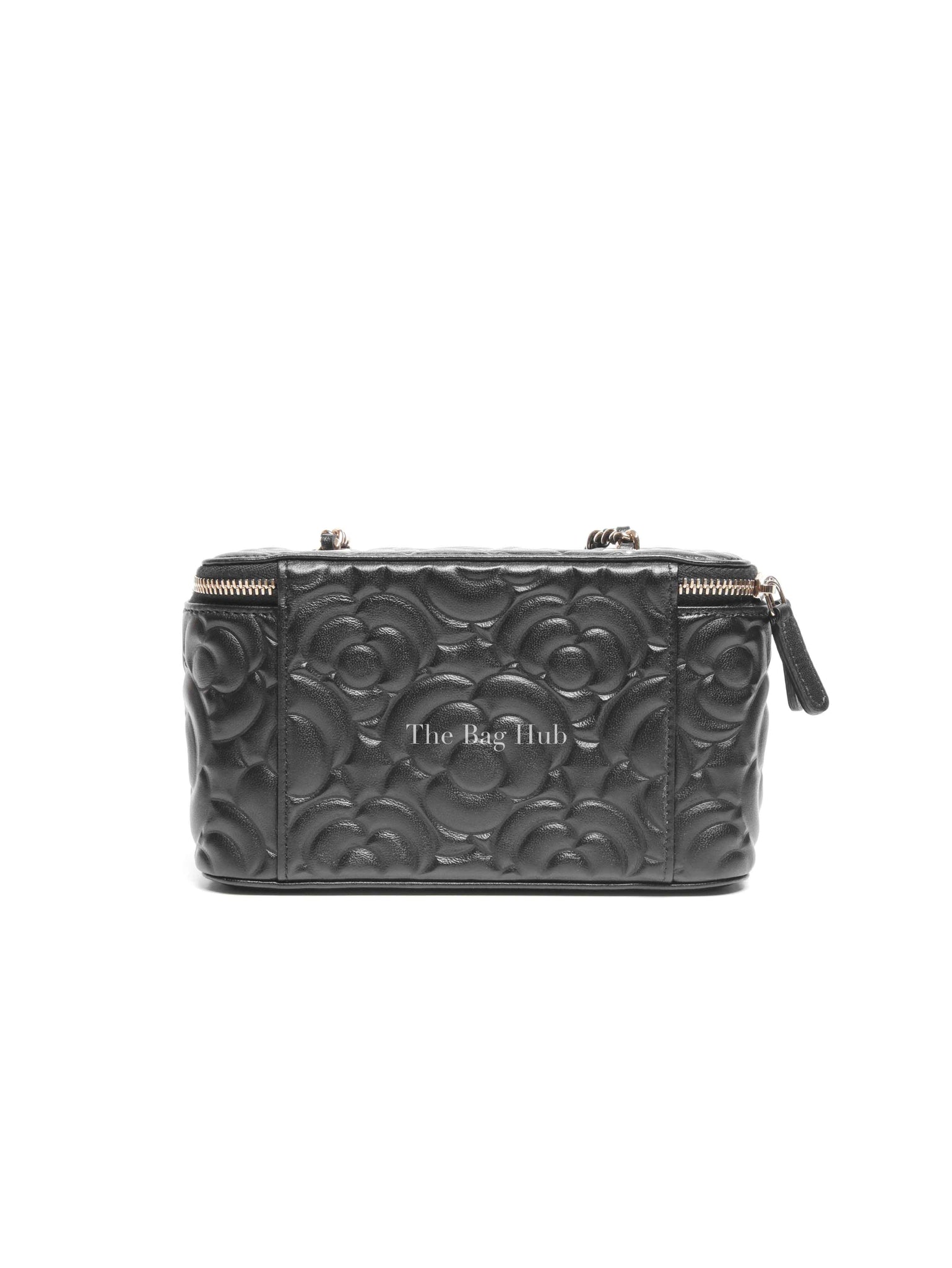Chanel Black Lambskin Camelia Embossed Small Vanity Bag