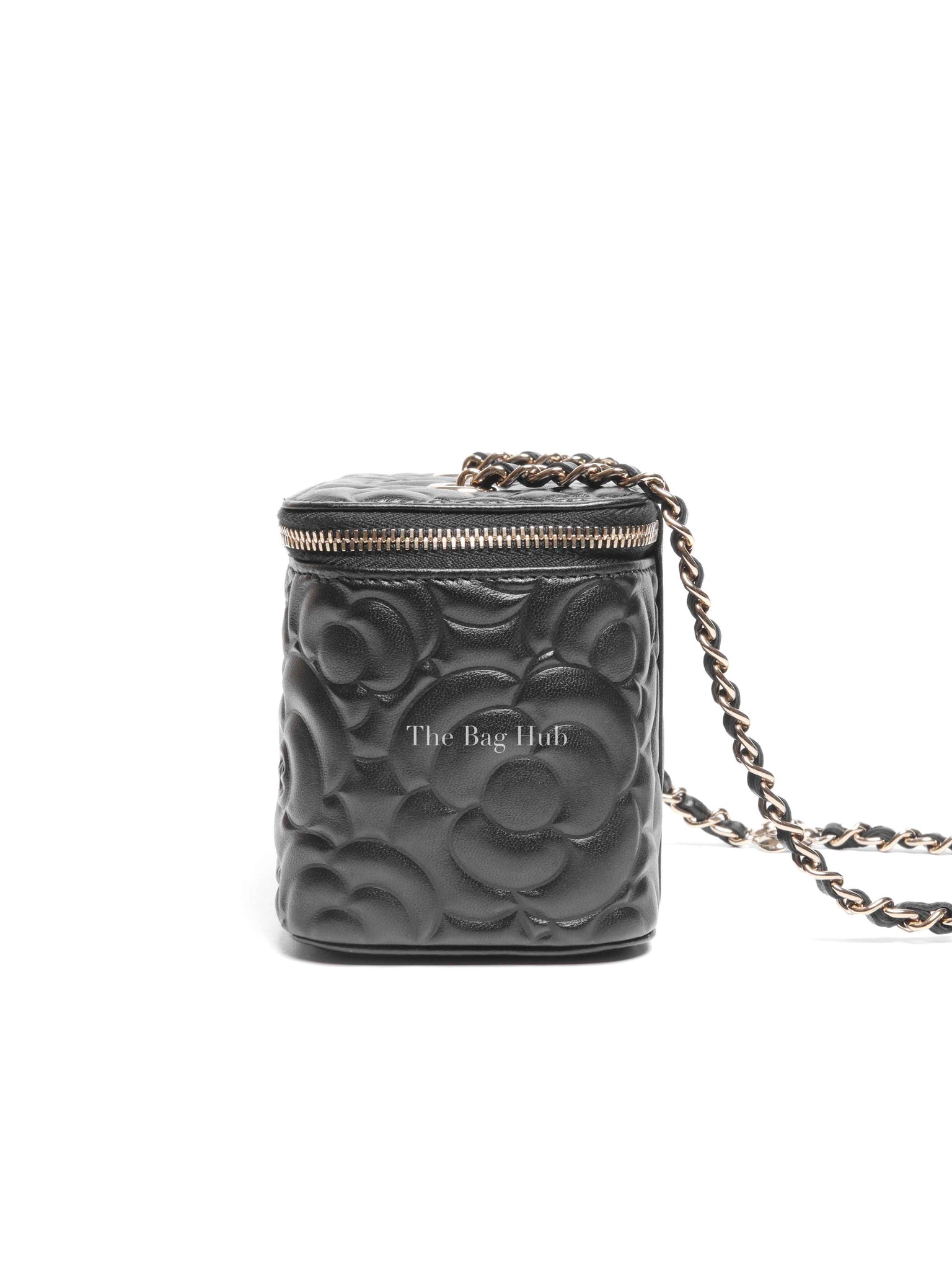 Chanel Black Lambskin Camelia Embossed Small Vanity Bag