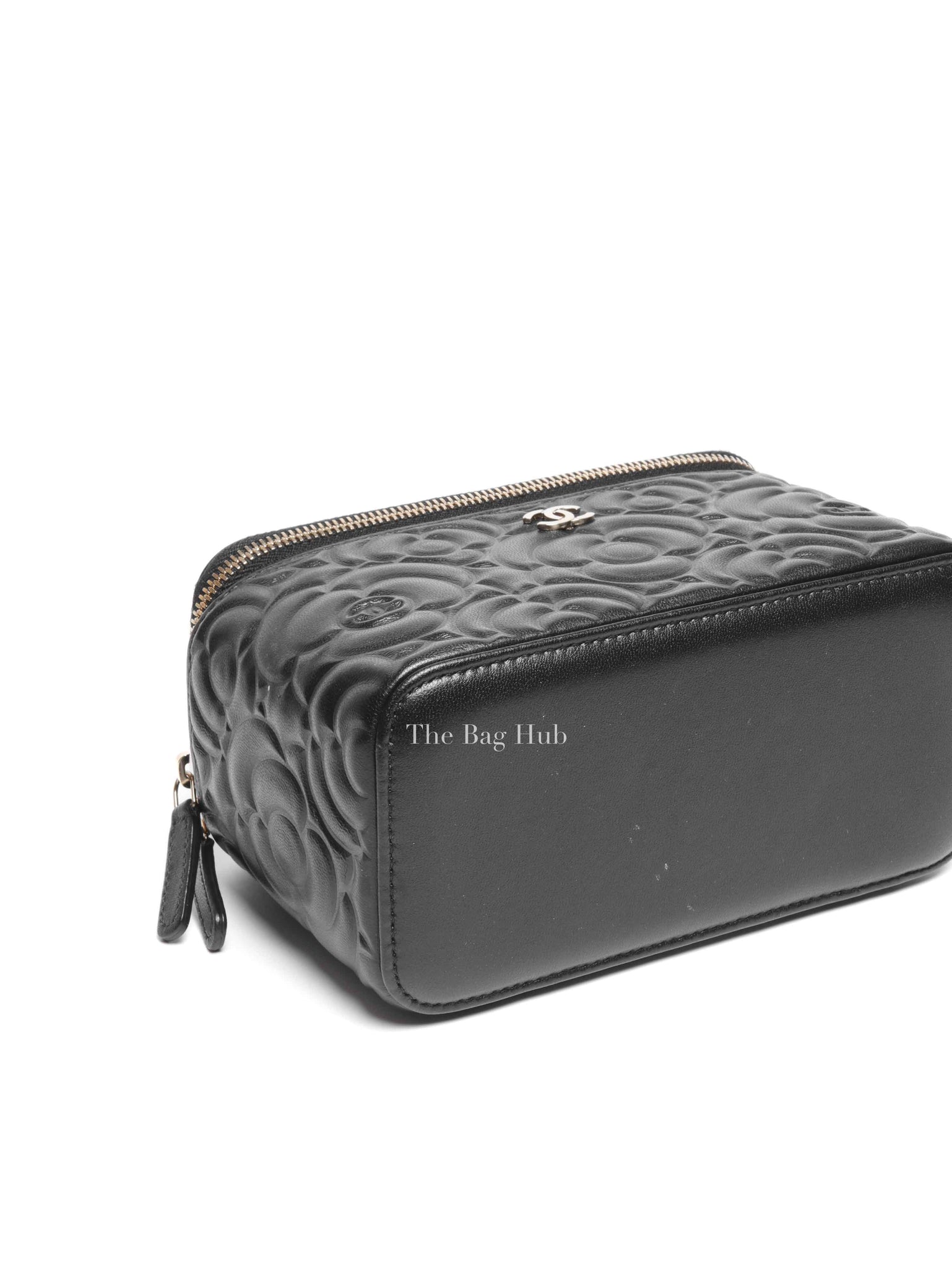 Chanel Black Lambskin Camelia Embossed Small Vanity Bag