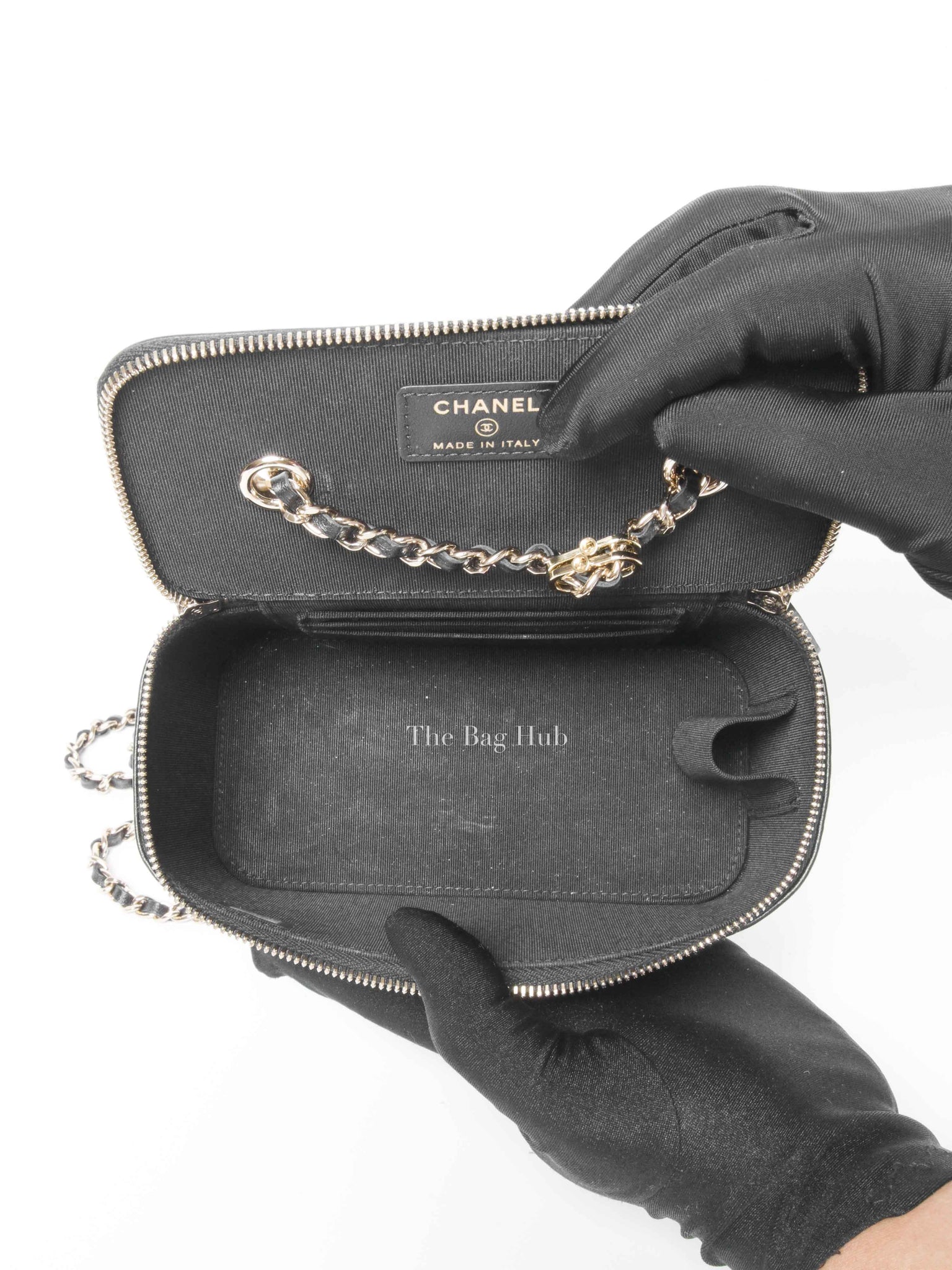 Chanel Black Lambskin Camelia Embossed Small Vanity Bag