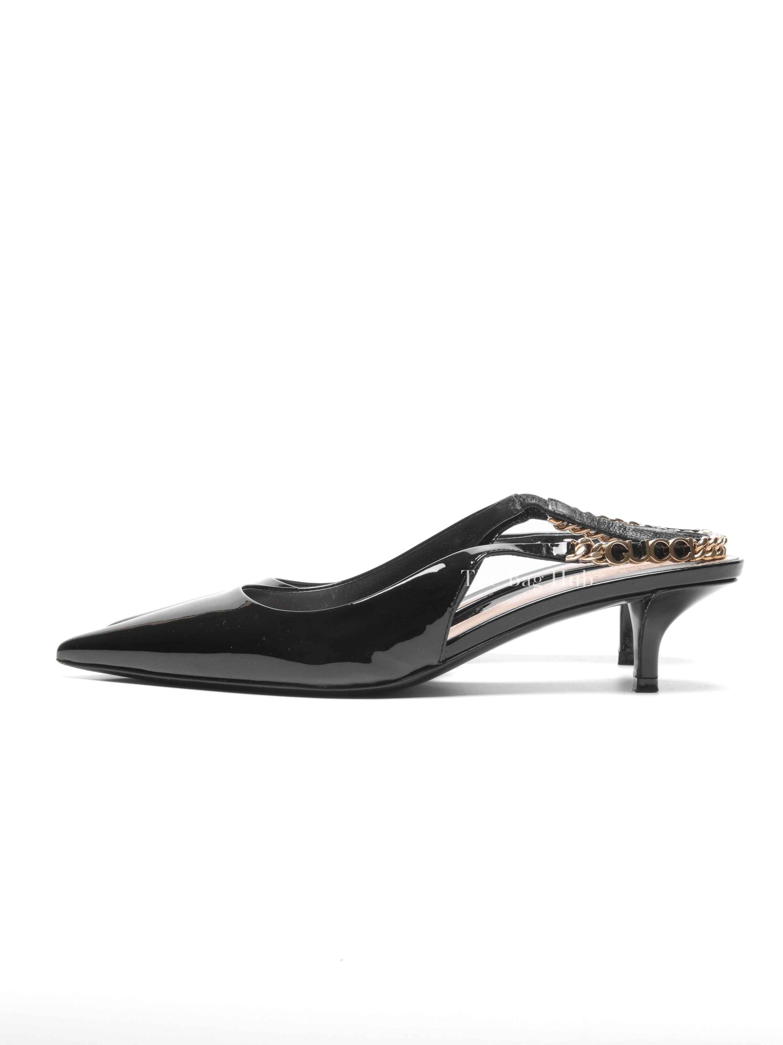 Gucci Black Patent Leather Signoria Chain Slingback Pumps Size 36.5