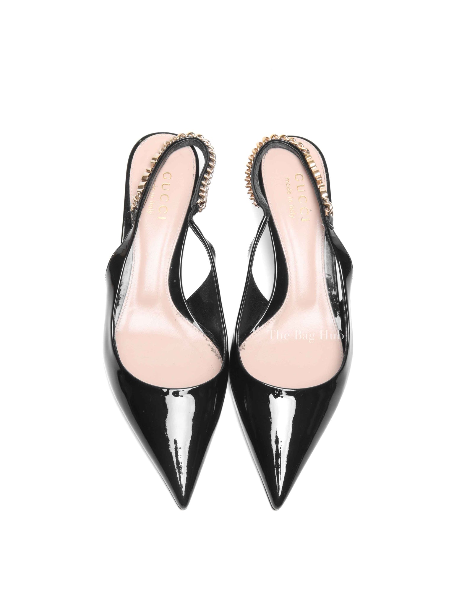 Gucci Black Patent Leather Signoria Chain Slingback Pumps Size 36.5