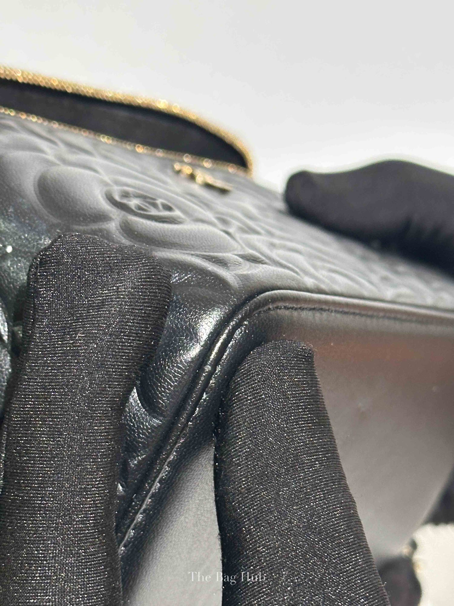 Chanel Black Lambskin Camelia Embossed Small Vanity Bag
