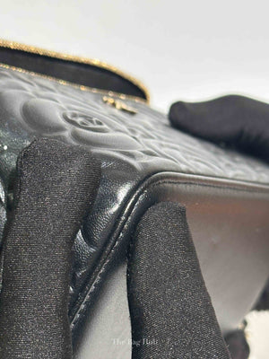 Chanel Black Lambskin Camelia Embossed Small Vanity Bag