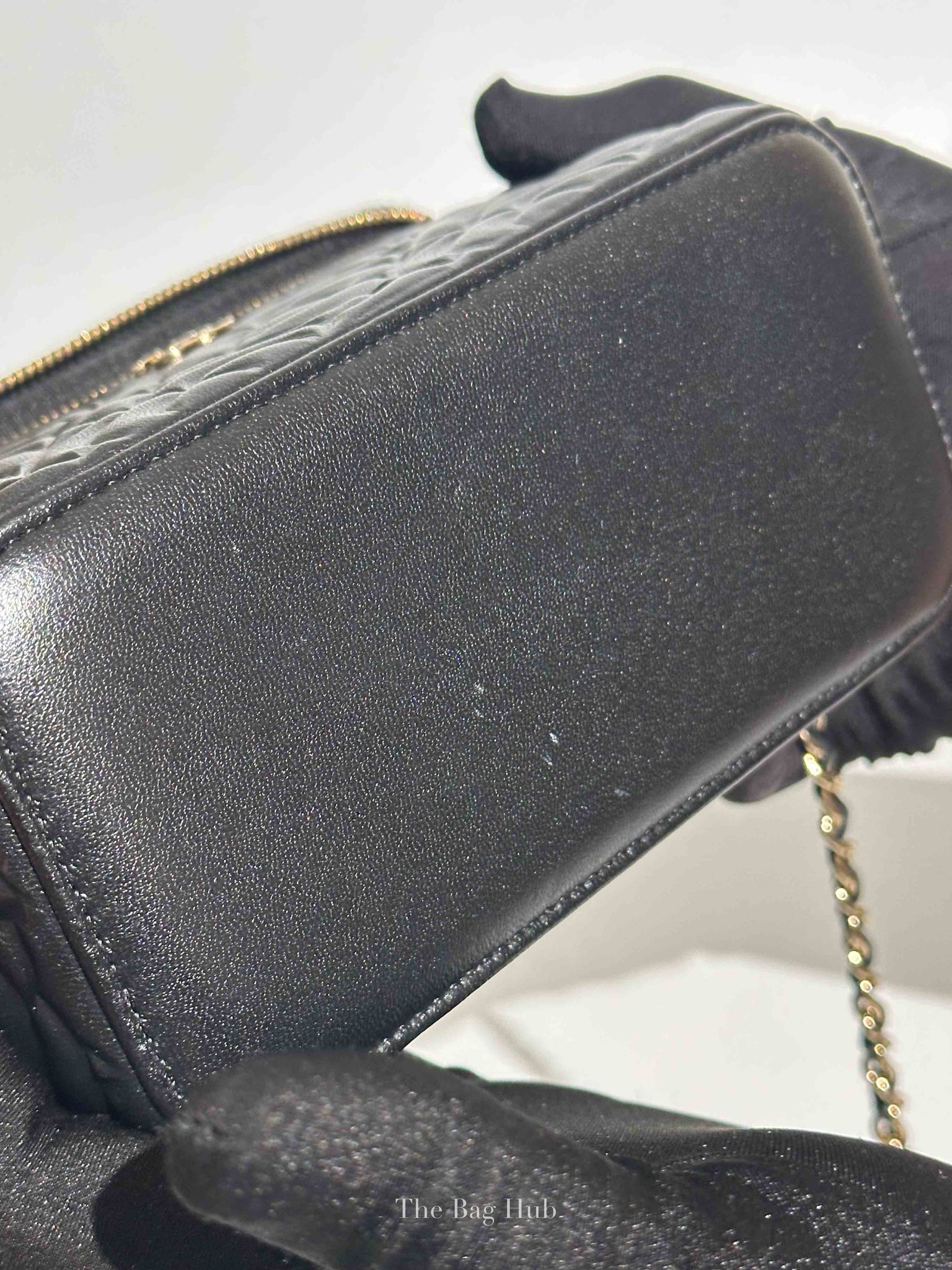 Chanel Black Lambskin Camelia Embossed Small Vanity Bag