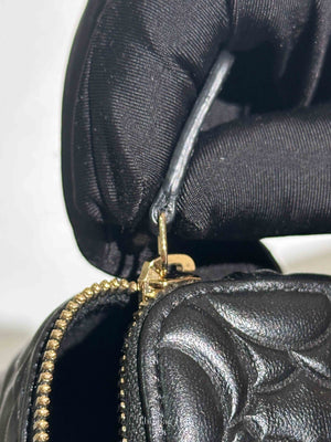 Chanel Black Lambskin Camelia Embossed Small Vanity Bag