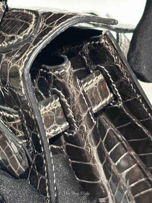 Hermes Black Shiny Porosus Crocodile Kelly 28 Bag PHW
