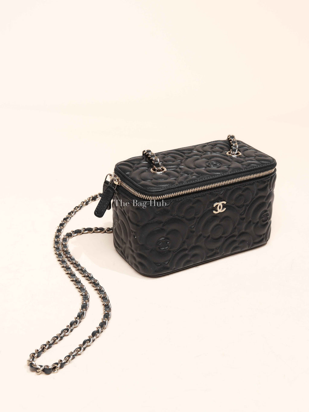 Chanel Black Lambskin Camelia Embossed Small Vanity Bag