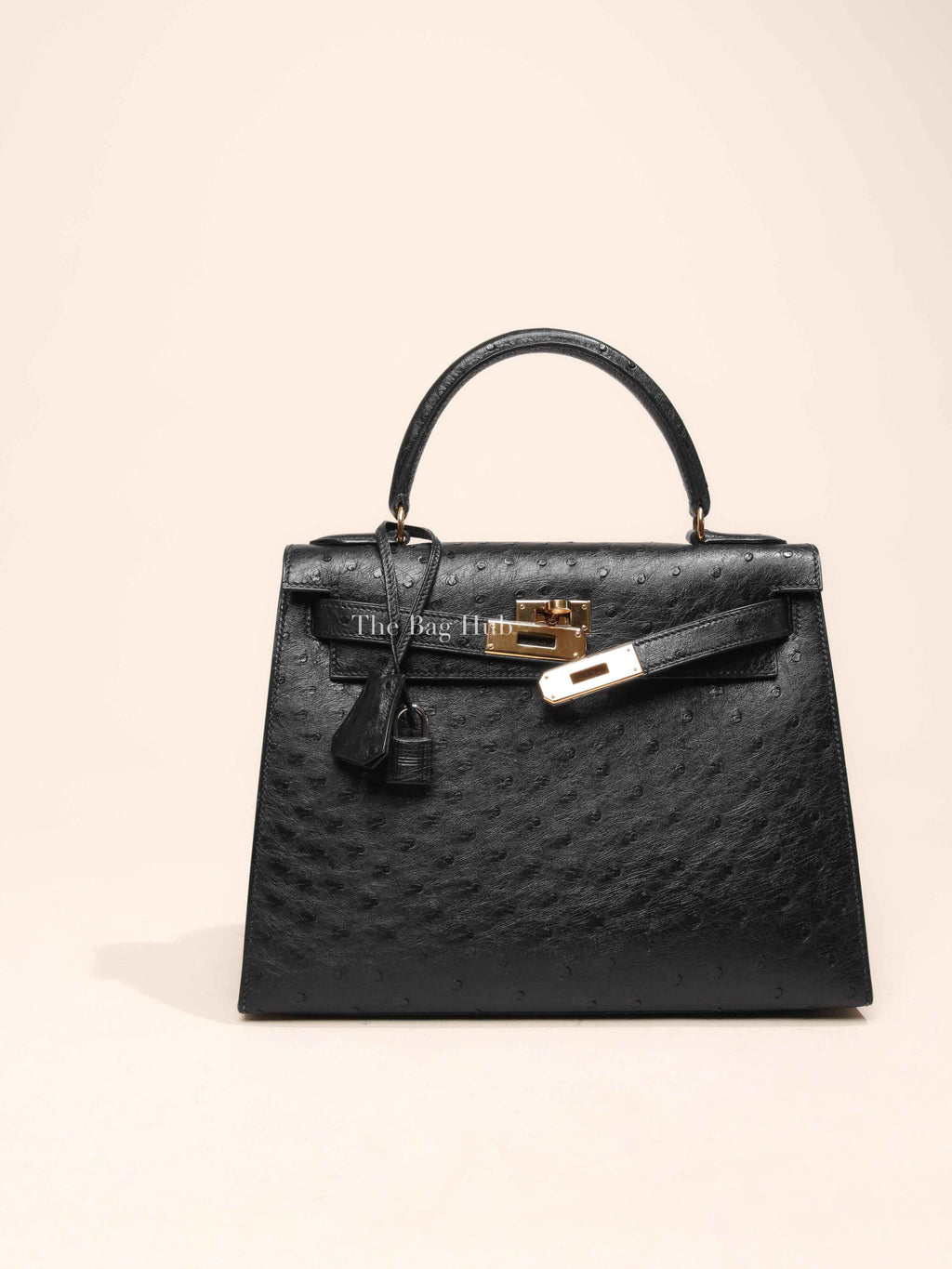 Hermes Black Ostrich Kelly Sellier 28 Bag GHW (No Strap)